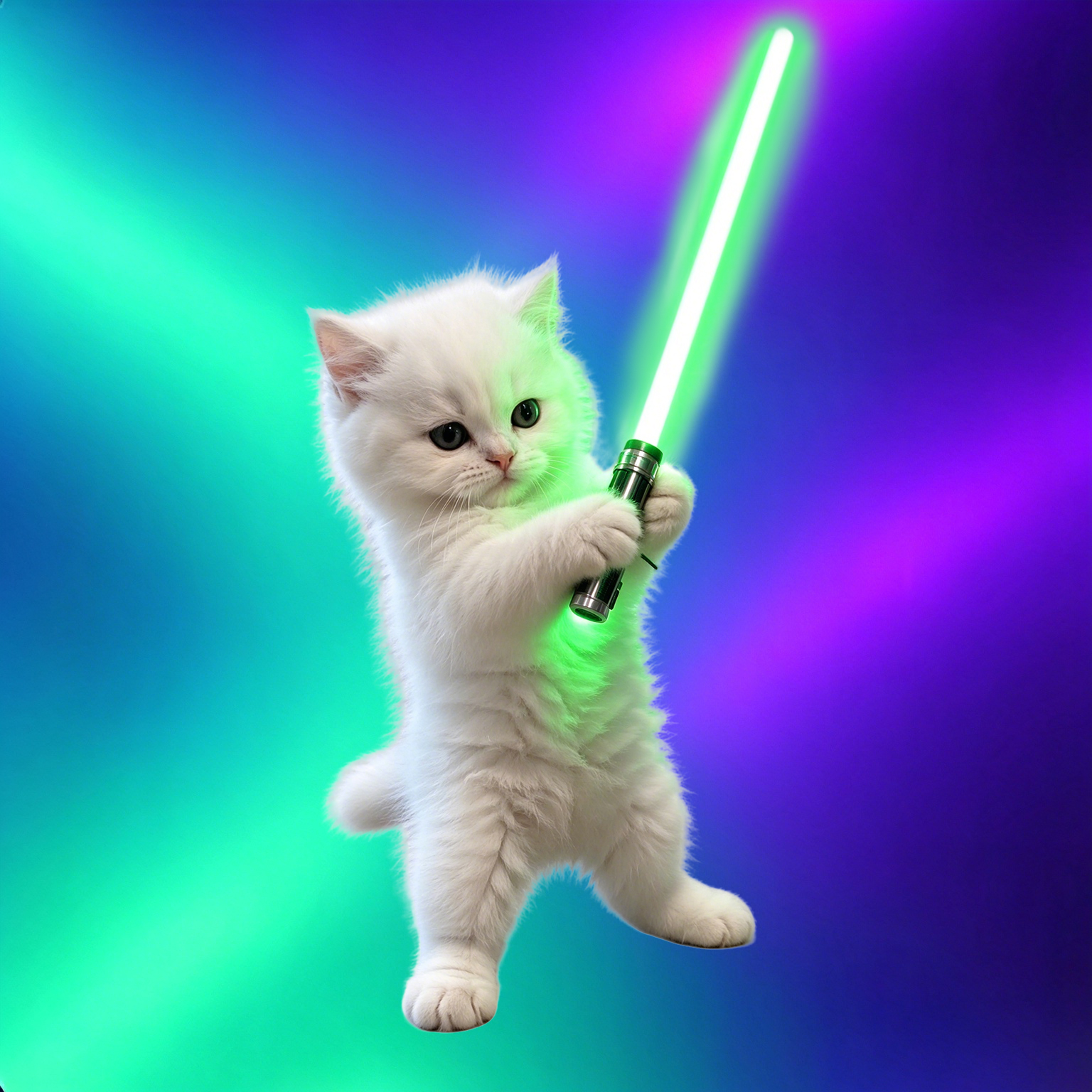 White cat holding the green beam