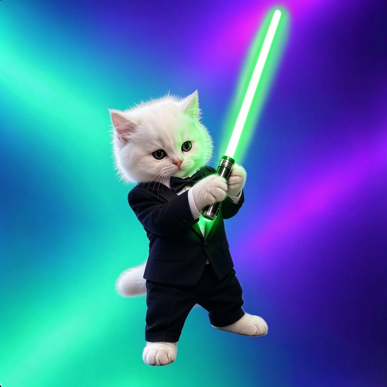 TuxBeam in a tuxedo holding a glowing green beam